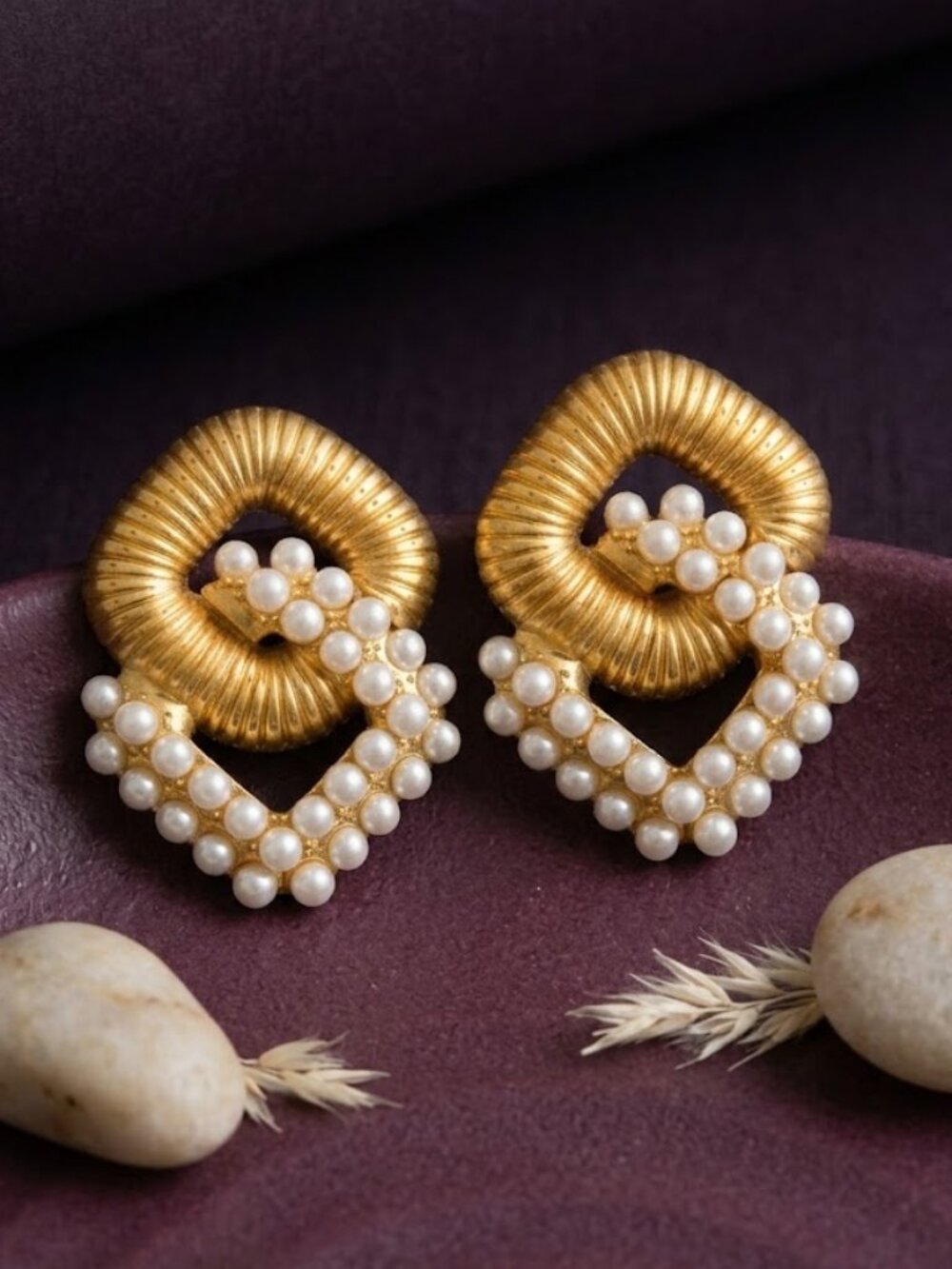Chunky Gold Pearl Square Statement Earrings Ribbed 80s Glam Parisian 1.15"